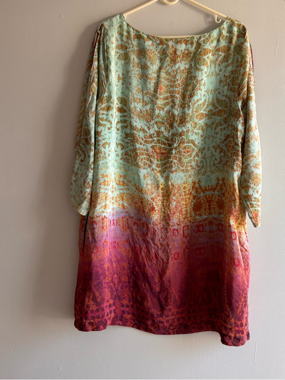 Maeve 100% Silk Multicolor Ombre Boho Shift Dress - Mint, Coral & Magenta